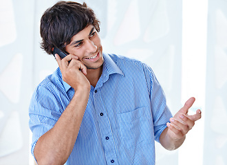 Image showing Phone call, business man and communication in office for digital consulting, chat and contact in creative agency. Happy designer talking on smartphone to explain feedback, conversation and networking