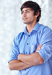 Image showing Businessman, thinking and confidence in corporate business for employee growth, professional or career. Male person, arms crossed and office working for problem solving, thoughts or brainstorming