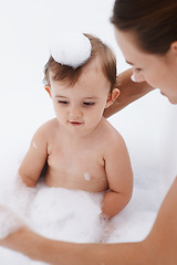 Image showing Baby, mom and foam soap for washing in bath, parent and cleaning for skincare at home. Mommy, toddler and childcare or water for prevention of bacteria and virus, cosmetics and liquid for health