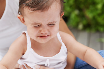 Image showing Crying, sad and a baby with a parent for love, care and comfort while playing together. Family, fear and a child, girl or kid with fail, frustrated or anxiety with a mother, stress and problem