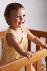 Image showing Cute, laughing and a child in a crib for playing, wake up or comfort in a bedroom. Happy, baby and a young kid in a nursery or room for thinking, idea or innocent standing for development in a home