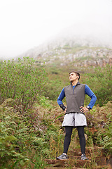 Image showing Man, hiking and thinking on mountain, earphones and listen to music, exercise and workout. Hiker, fitness and young for training, forest and nature to explore, hobby and heart health in outdoors