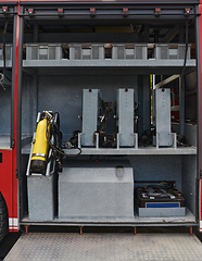 Image showing Close-up of essential firefighting equipment on a modern firetruck, showcasing tools and gear ready for emergency response to hazardous fire situations