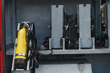 Image showing Close-up of essential firefighting equipment on a modern firetruck, showcasing tools and gear ready for emergency response to hazardous fire situations