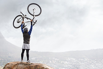 Image showing Back, celebrate and man with bike on the mountains for training achievement or success. Nature, fitness and a male biker on a cliff or hill with a bicycle for an exercise, cycling or win with mockup