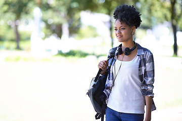 Image showing Woman, headphones and campus student or music for knowledge, scholarship or academic. Female person, smile and backpack at study college academy for university higher education, degree or learning