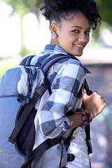 Image showing Portrait, backpack and happy student at park, university or outdoor campus in summer. Face, bag and smile of woman at college for education, learning and young teenager or girl studying in Brazil