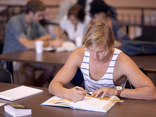 Image showing University, studying and man in library with books for writing notes, learning and research with knowledge. Education, college and student with textbooks for assignment, project and test on campus