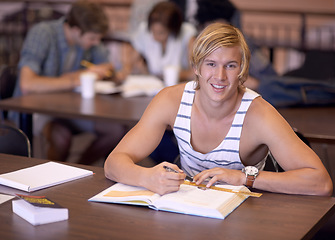 Image showing Education, writing and portrait of man with books for studying, learning and research for knowledge. University, college and happy student with textbooks for assignment, project and test on campus