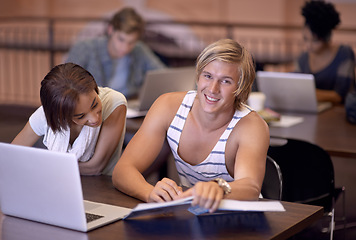 Image showing University, laptop and portrait of students with books for studying, learning and research for knowledge. Education, college and man with textbooks and computer for internet, project and website