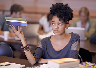 Image showing Books, university and woman with education problem, academy crisis and nervous about studying for school exam. College, info and student worried about learning literature, research or textbook stack