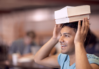 Image showing University, head balance and man with books for academy development, knowledge or history education study. College, mockup space and school student learning literature, story or textbook information