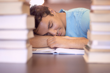 Image showing University books, education and tired man sleeping during academy study, research or knowledge learning. College, textbook and Indian student with fatigue, nap and exhausted after reading literature