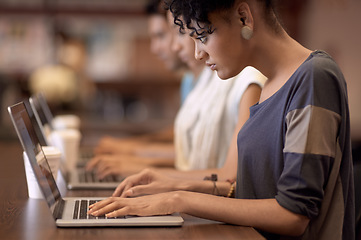 Image showing Laptop, typing and college woman reading online research, education and search school database for project. University campus, internet and students learning knowledge, information and check report