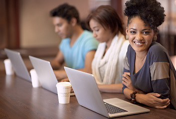 Image showing Laptop, happiness and portrait of college woman for online research, education and school scholarship. University, coworking space and students learning knowledge, information and studying together