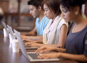 Image showing Laptop, university and group of people doing education research, online reading and search school database for project. College campus, gen z students and woman learning knowledge, web notes or study