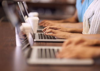 Image showing Laptop, university group and hands of people typing research, online education or school project. College learning, paperless and closeup of students working on knowledge, information or report study