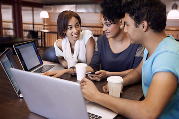 Image showing University, discussion and students in library on laptop for research, studying and online learning. Education, college and man and women on computer talking for assignment, group project and website