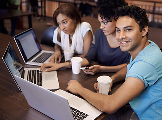 Image showing Education, laptop and portrait of students in university for research, studying and online learning in library. Internet, college and man and women on computer for assignment, project and website