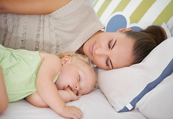 Image showing Love, sleeping and mom with baby on bed for bonding, relax and sweet cute relationship. Happy, smile and young mother watching girl child, kid or toddler taking a nap in bedroom or nursery at home.