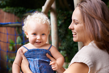 Image showing Smile, mother and love for baby child, care and family bonding together at home. Mom, happy kid and cute innocent toddler, adorable and funny blonde girl laughing with parent in healthy relationship