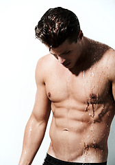 Image showing Shower, shirtless and body of man with water for washing, cleaning and skincare wellness. Sexy, hot and muscular male model with grooming and hygiene for healthy skin by white studio background.