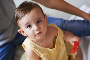 Image showing Baby, portrait and toys in living room floor, bonding and sensory growth in family home. Motherhood, girl and play with child development for games, childhood or fun with love, cognition or kids