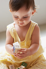 Image showing Baby, playing and toys in living room floor, building blocks and sensory growth in family home. Curious, girl or play with child development for games, childhood or fun with smile, cognition or kids