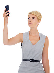 Image showing Business woman, phone and signal search with professional with mobile issue of employee in studio. Corporate fashion, tech error and worker frustrated for internet connection with white background