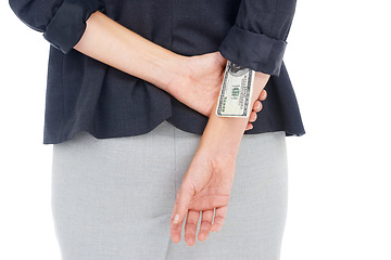 Image showing Stealing, money or hands of business woman in studio for illegal payment, deal or secret scam. Cash in sleeve, white background or financial manager with dollars for bribery, fraud or crime closeup