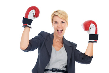 Image showing Businesswoman, portrait and boxing gloves with excitement for corporate win, confident and white background. Executive, victory and celebration for business success, triumph and female person