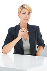 Image showing Business woman, portrait and consultant expert of a employee with white background in studio. Corporate, desk and female professional with career and job of a worker with a pen ready for working