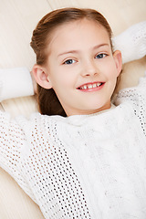 Image showing Child, portrait and smile for relax fashion or holiday at home, cool outfit or vacation. Female person, face and happy for positive fun rest for casual style confidence or above kid, calm or weekend