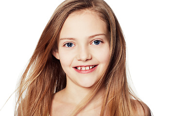 Image showing Child, portrait and smile in studio or confidence for good mood, youth or mockup space. Female person, model and happiness as young relaxed girl for innocent positivity, relax or white background