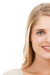 Image showing Woman, portrait and happy in studio with eye care for vision, cosmetics or eyeball wellness with mock up space. Person, half face and smile with skincare treatment or dermatology on white background