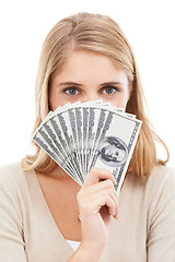 Image showing Face, eyes and woman with cash fan, bonus for success or reward, cashback or lotto win on white background. Money, award or salary with financial freedom, investment and portrait for winner in studio