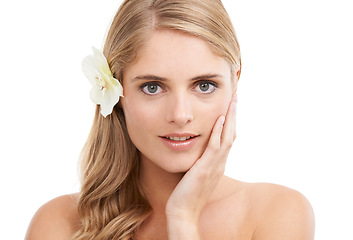 Image showing Woman, portrait and beauty in studio with flower, makeup and pride for cosmetic glow on mock up. Model, person or sustainable dermatology for haircare or natural organic skincare on white background