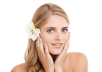 Image showing Woman, portrait and hands in studio with flower, makeup and pride for cosmetic glow on mock up. Model, person or sustainable dermatology for haircare or natural organic skincare on white background