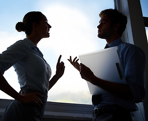 Image showing Business people, problem and silhouette of manager discussion with employee over dispute conflict or mistake. Communication, window and workforce conversation on corporate crisis, disaster or fail