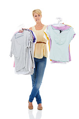 Image showing Woman, fashion and doubt with clothing for choice, decision or selection on a white studio background. Female person, model or blonde thinking, wonder or picking garment or outfit for style on mockup