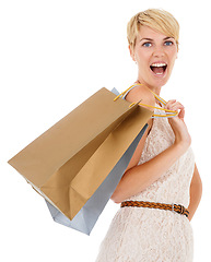 Image showing Happy woman, portrait and shopping bag in fashion, purchase or buying on white studio background. Female person, shopper or excited smile with gift bags for deal, discount or clothing sale on mockup