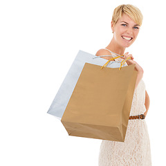 Image showing Happy woman, portrait and shopping bags in fashion, purchase or buying on a white studio background. Female person, shopper or blonde smile with gift bag for deal, discount or clothing sale on mockup