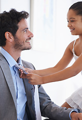 Image showing Happy, tie and child helping father with getting ready for work in living room of modern home. Smile, love and young dad dressing with girl kid for classy, elegant pr fancy suit in lounge at house.