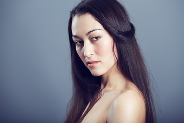 Image showing Natural beauty, cosmetic care and woman with hair in studio, hairstyle and shine on dark background. Portrait, makeup glow on skin with dermatology, haircare and texture with growth and shine