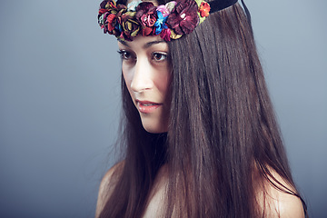 Image showing Woman, flower headband in hair and beauty, skin glow and wellness isolated on grey background. Keratin treatment, hairstyle with floral head gear or accessory, dermatology and cosmetics in studio