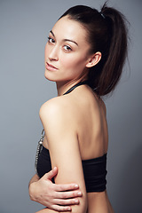 Image showing Portrait, confidence and body of woman in underwear in studio isolated on a gray background. Serious model, natural slim figure and natural beauty, health and wellness of person in Brazil for fashion