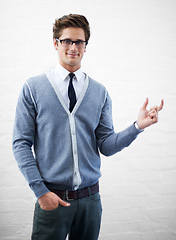 Image showing Man, hand and businessman in fashion, smile and sign for work, professional and employee. Size, marketing geek and pointing as manager and business attire of entrepreneur in corporate wear outfit