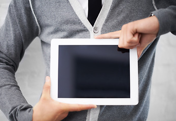 Image showing Business person, hands and tablet with blank screen, space and mockup with presentation by wall background. Closeup, digital touchscreen and show with ux, display or empty dashboard for application