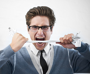 Image showing Man, cable plug and businessman with stress, angry and frustrated for connection, professional and employee..Technician, technical geek and mad as manager and stylish man in corporate problems