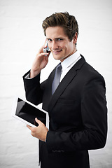 Image showing Business man, phone call and happy with tablet, portrait or contact for networking by wall background. Entrepreneur, employee or person with digital touchscreen, smartphone and smile for notification